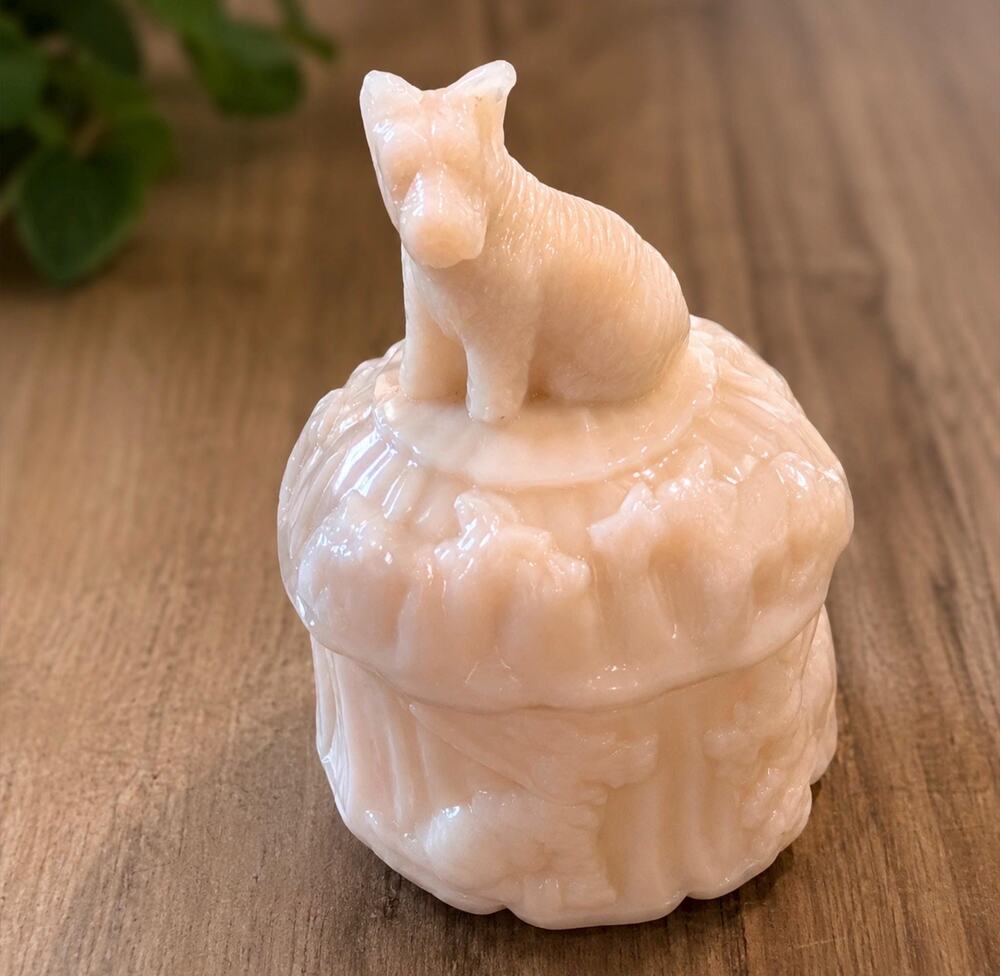 Akro Agate Pink Slag Glass Powder Jar Vintage Scottie, Circa 1940’s